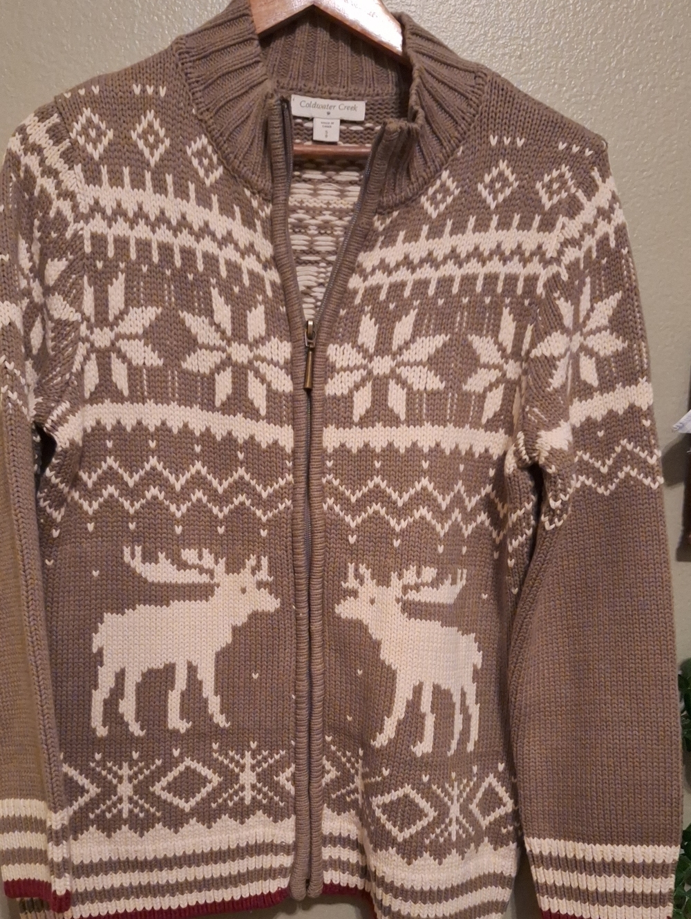 Coldwater Creek Brown & Cream Fair Isle Zip-Up Sweater
